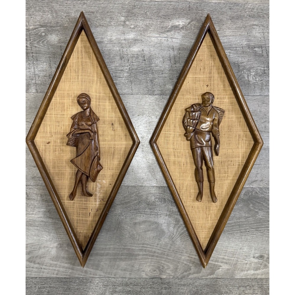Mid Century Carved Teak Man & Woman Wall Plaques Diamond Shaped Wood